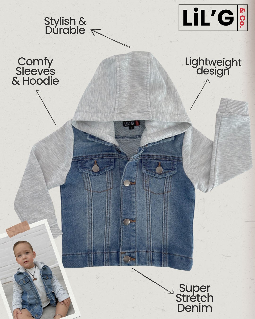 STRETCH DENIM JACKET - LIGHT DENIM + GREY