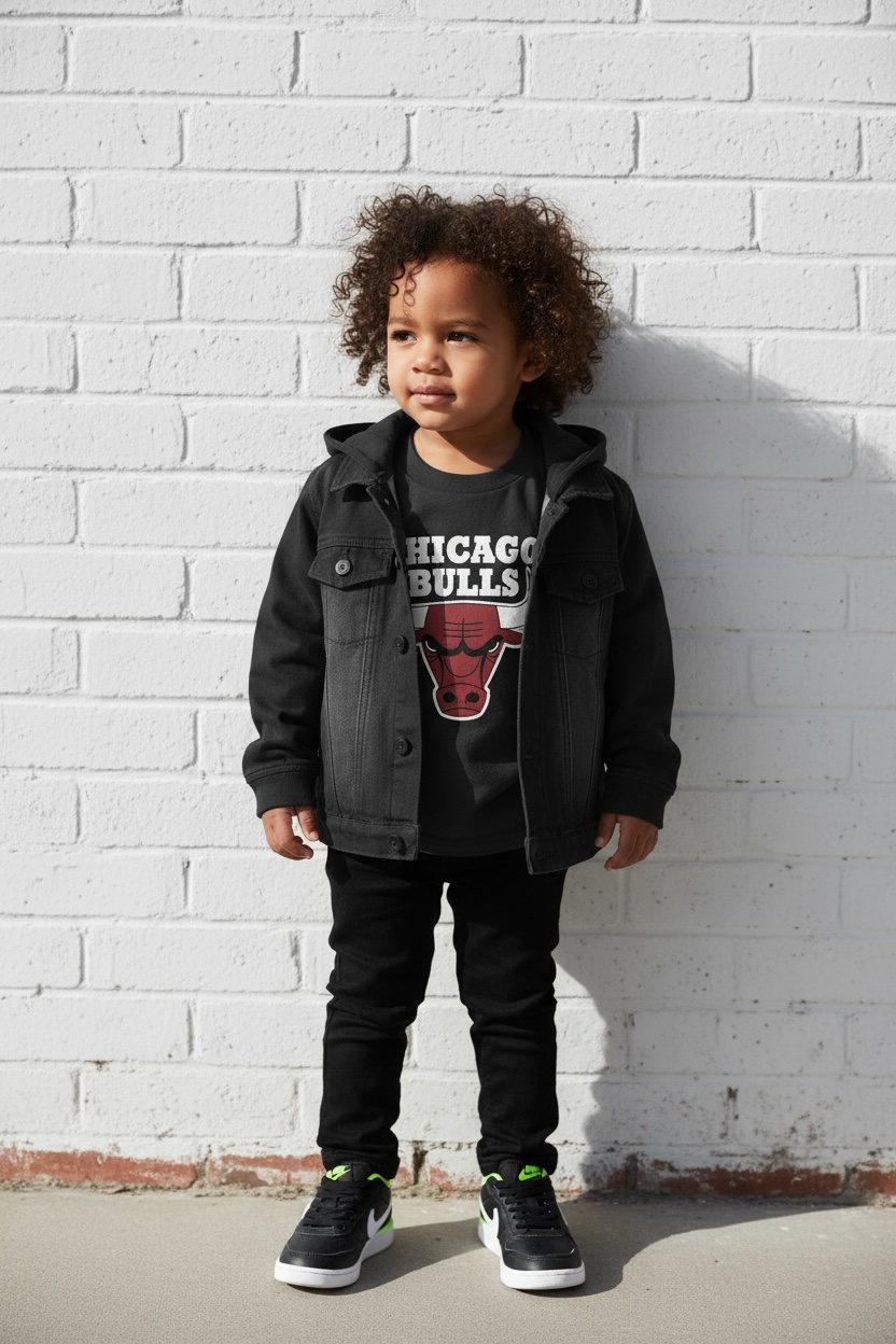 STRETCH DENIM JACKET (BLACK) + BULLS TEE