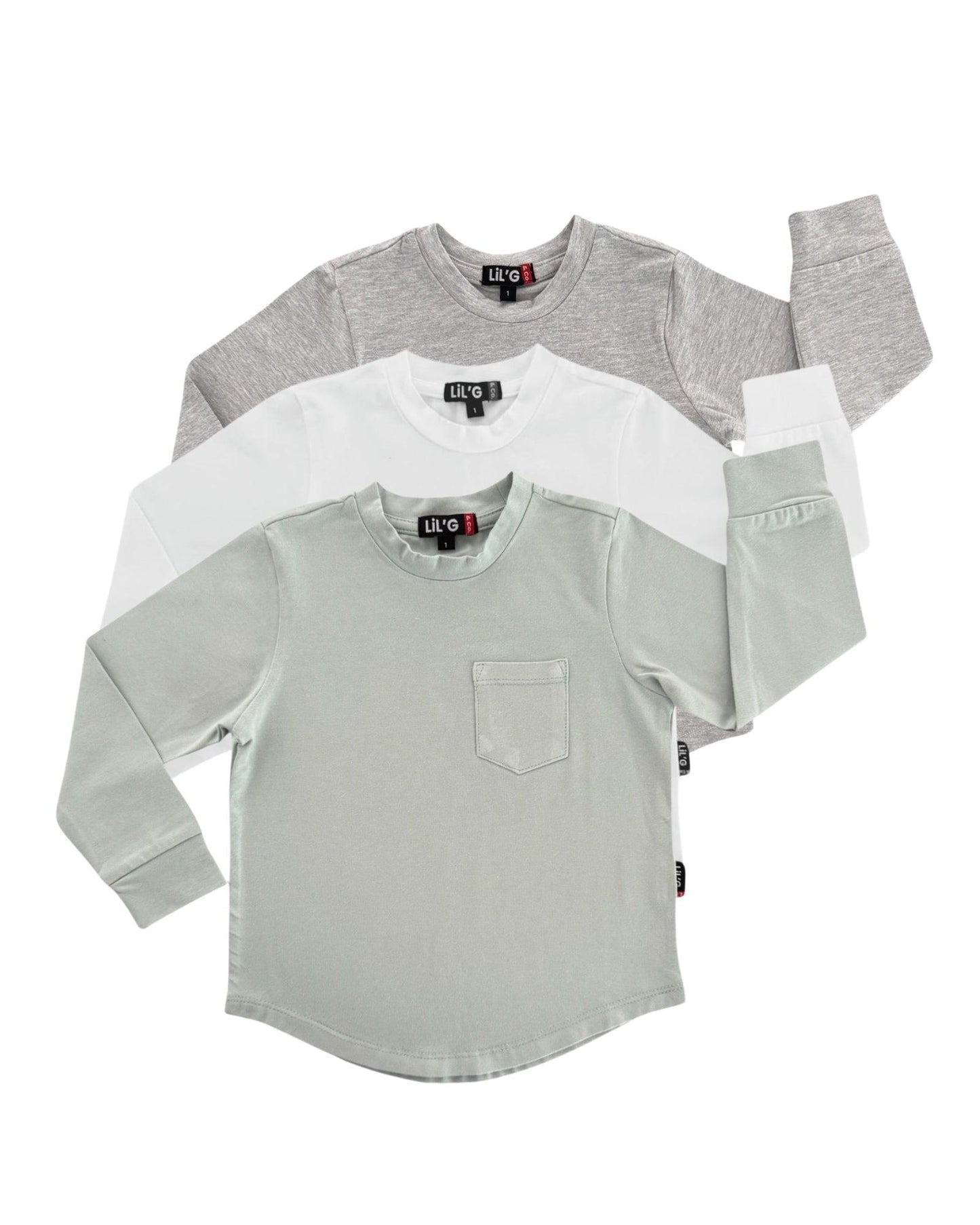 LONG SLEEVE T-SHIRT - 3 PACK - LIGHT SAGE, WHITE + GREY