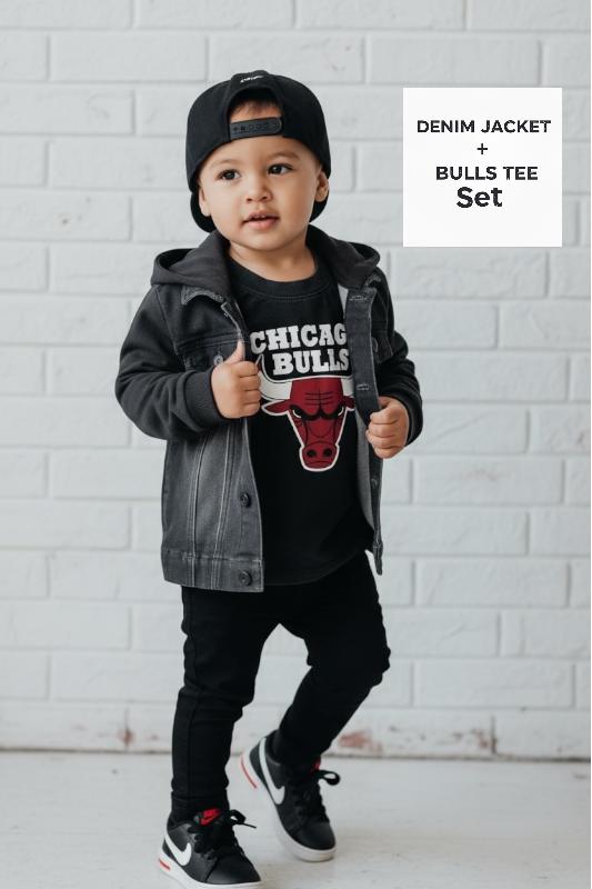 STRETCH DENIM JACKET (BLACK) + BULLS TEE