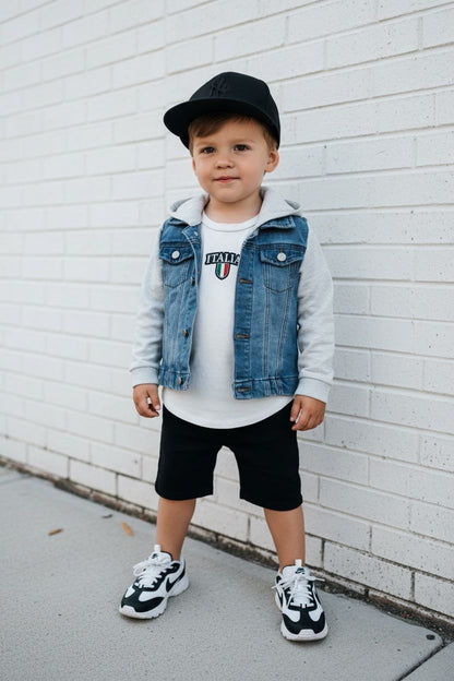 ITALIA T SHIRT + STRETCH DENIM JACKET