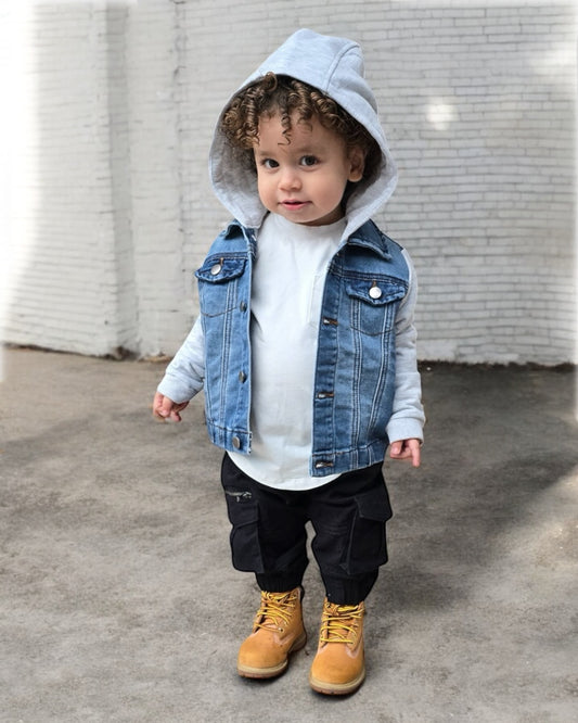 STRETCH DENIM JACKET -  LIGHT DENIM + GREY